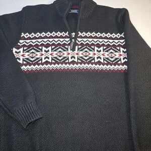 IZOD Mens XL 1/4 Zip Fair Isle Sweater Black Nordic Snowflake Ski Mock Neck EUC